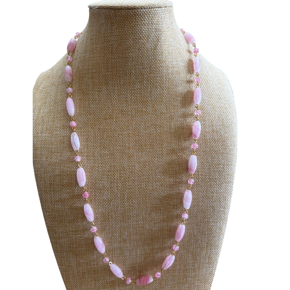 Vintage Pink Swirled Slag Glass Bead Long Necklace Gold Tone Retro Style
